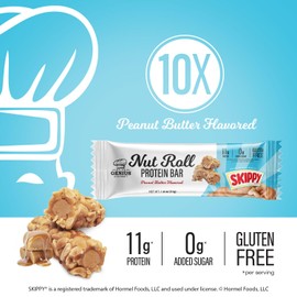 Genius Gourmet SKIPPY Peanut Butter Flavor Inspired Protein Nut Roll Bar,11g Protein per serving(18% DV), 0g Added Sugar, Carb Conscious Snack Bar, Gluten Free – 10 Count