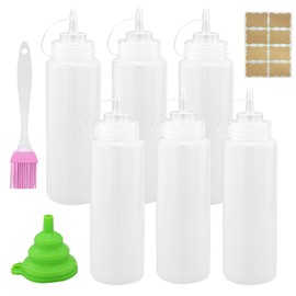 EASYKEENECOM Pack of 6 500 ml (16 oz) Squeeze Bottle, Plastic Squeeze Bottle with Caps, Squeeze Condiment Bottles for Ketchup, Pigment Squeeze Bottle, with Funnel, Sticker Label