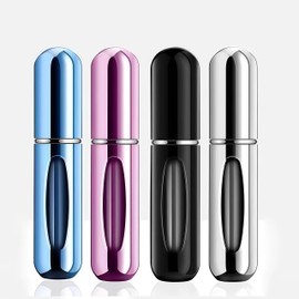 sangzisally 5ML Travel Perfume Bottle Refillable, 4PC Mini Perfume Refillable Bottle, Fill from Bottom Travel Perfume Bottle for Traveling and Outgoing (Black- Bright Blue- Bright Pink- Bright Silver)