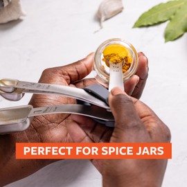 Full Circle Skinny Dip Stainless Steel Measuring Spoons – 4-Piece Set with Storage Tether – Innovative Scoop Design for Spice Jars, Cooking, & Baking – Dishwasher Safe