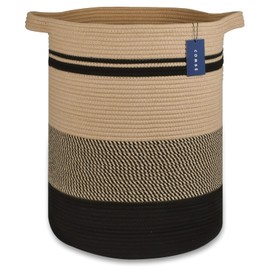 COMSE Extra Large Blanket Basket, Tall Laundry Basket, Nursery Hamper, 15.7”x 21.7”, Cotton Rope Woven Laundry Hamper for Storage Toys Clothes Towels, Brown/Black