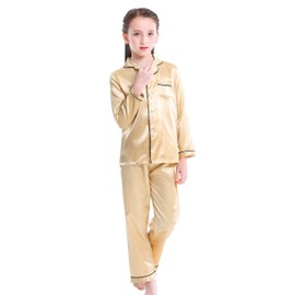 Mergorte Girls Boys Satin Long Sleeve Button-Down Pajamas Set Sleepwear Loungewear Gold 170#11-12Y