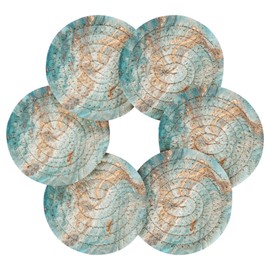 Bar Coaster for Drinks, Coil Woven Coasters Holder Pad 3.94 in Diameter for Mugs Thickness of 0.24 in with Metal Rack Print God Turquoise Marble Texture Ink Paints