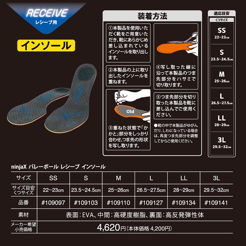 D&M 109127 Ninja Cloth Insole, For Receiving, Black, L Size