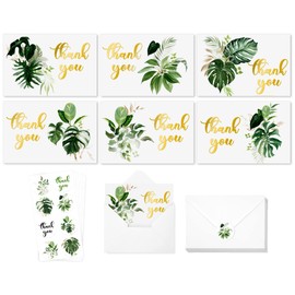 AnyDesign 36 Pack Summer Thank You Cards Bulk Tropical Palm Leaves Thank You Note Cards with Stickers Envelopes Gold Foil Thank You Greeting Cards for Baby Shower Wedding Birthday Party Graduation