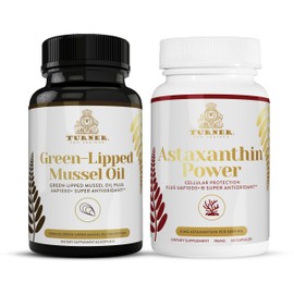 TURNER New Zealand Omega-3 Green Lipped Mussel Oil, 53x Higher Potency for Superior Joint Comfort & Mobility, No Fishy Aftertaste, 1 Bottle, 60 Softgels Plus 1 Bottle of Astaxanthin Power