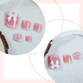 Pink French Tip Press on Toenails Short Square Fake Nails with Bow Rhinestone Flower Charm Glue on Nails Design Full Cover False Toes Nails Artificial Acrylic Glossy Stick on Nails for Women 24 Pcs
