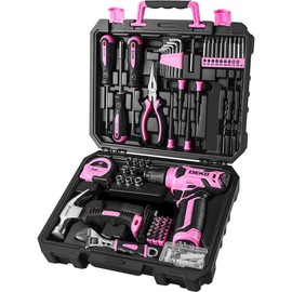 DEKOPRO 126-Piece Pink Household Tool Set with 8V Cordless Drill, Rechargeable Battery, All-in-One Compact Tools kit, Perfect Christmas Gift, Ideal for Home Repairs & DIY Projects - Color: Pink