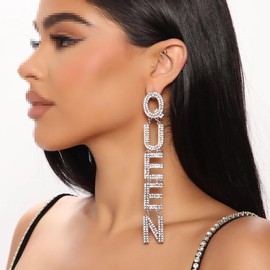Luxurious Rhinestone QUEEN Dangle Earrings Bling Crystal Long Tassel Letters Pendant Earrings Charming Stud Earrings Attractive Ear Accessories Jewelry (Silver)