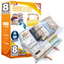 TAILI 8 Pack Vacuum Storage Bags, LONG SIDE ZIP (4 Large+4 Jumbo), Multi-Size Vacuum Seal Bags for Clothing, Storage Bulky Beddings, Blankets and Clothes, Space Saver for Closet Organization