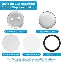 KUNTAERY 200 Set 2.28 Inch Button Maker Supplies, 58mm Approx. 2.25 In Metal Blank Button Badge Parts with Blank Paper& Clear Film for Button Maker Machine, Pin Maker, and Badge Press