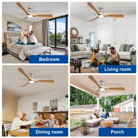 Depuley 52-Inch Ceiling Fans with Lights: Wood 3 Blade Flush Mount Low Profile Ceiling Fan for Bedroom - Dimmable Indoor Outdoor Fan with Remote APP Control Ultra Quiet DC Motor Timer