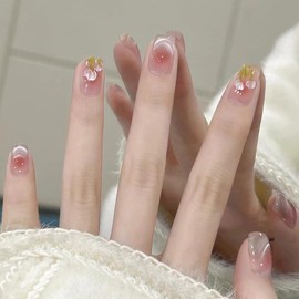 Nail Tip, Short, Medium, 24 Pieces, Nail Tip, False Claws, Cat Eye, Pink, Flesh Color, Flowers, Diamond, 3D Nail Stickers, Popular, Japanese Style, Cute, Simple, Fashionable Party, Nail Tip, Autumn,