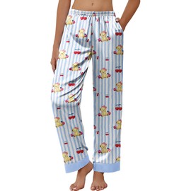 Ekouaer Women Silk Satin Pajama Pants, Color Block Loose Lounge Pants Elastic Waist Pj Bottoms with Pockets Blue Stripe Teddy L