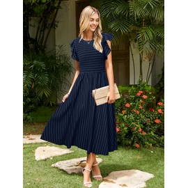 Simplee Womens Striped Midi Summer Dress Ruffle Cap Sleeves Beach Dress Smocked Flowy Maternity Dress with Pockets(Navy Blue L)