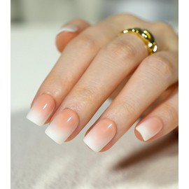 Morily 30pcs Press on Nails Short Square Nude and White Ombre Fake Nails Acrylic Glossy False Nails Reusable Stick on Nails for Women (Nude and White Ombre)