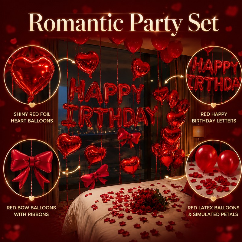 Red Birthday Balloon Set with Heart Foil Balloon - Romantic