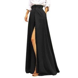 Rooscier Women's Split High Waist Flared A Line Button Down Vintage Pockets Maxi Skirt Pure Black XX-Large