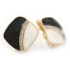 Clear Crystal Black/Cream Enamel Square Clip On Earrings In Gold