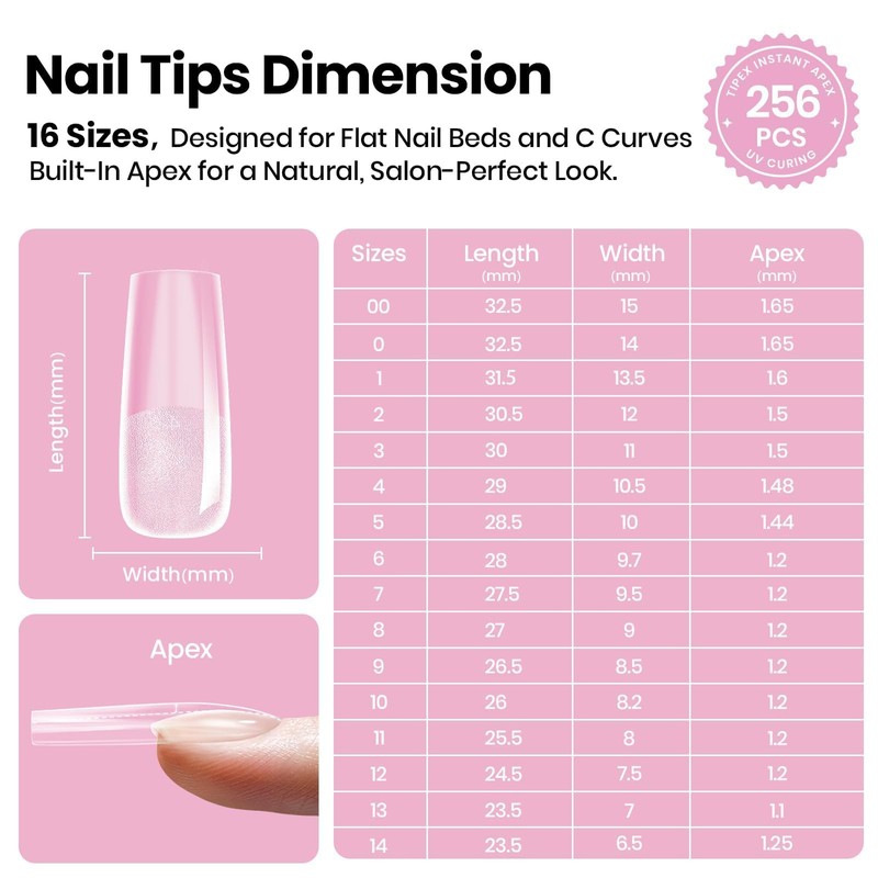 Beetles Tipex Lite Apex Nail Tips, Square Long, 256pcs 16