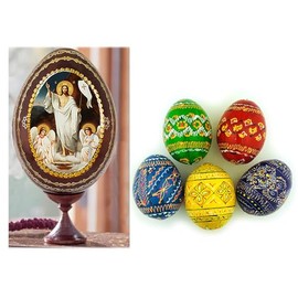 Alexandra Int'l Set of 5 Ukrainian Wooden Easter Eggs Pysanky with Resurrection Icon Egg 6 1/4 Inch