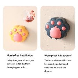 4PCS Toothbrush Holder Wall Mounted with Cover, 2 Slots Self Adhesive Toothbrush Holder, Cute Cat's Paw Toothbrush Storage Organizer for Shower, Toothbrush Hanger Rack for Dorm, Cabinet (4 Colors)