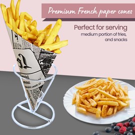 Friteshop – Premium K-17 Medium Size French Newspaper Paper Cones - European Made Disposable Food Service Holders for French Fries - Grease-Absorbing - Professional Unbleached Snack Cone - Takeaway Food Packaging, 8.5 oz (100 Count)