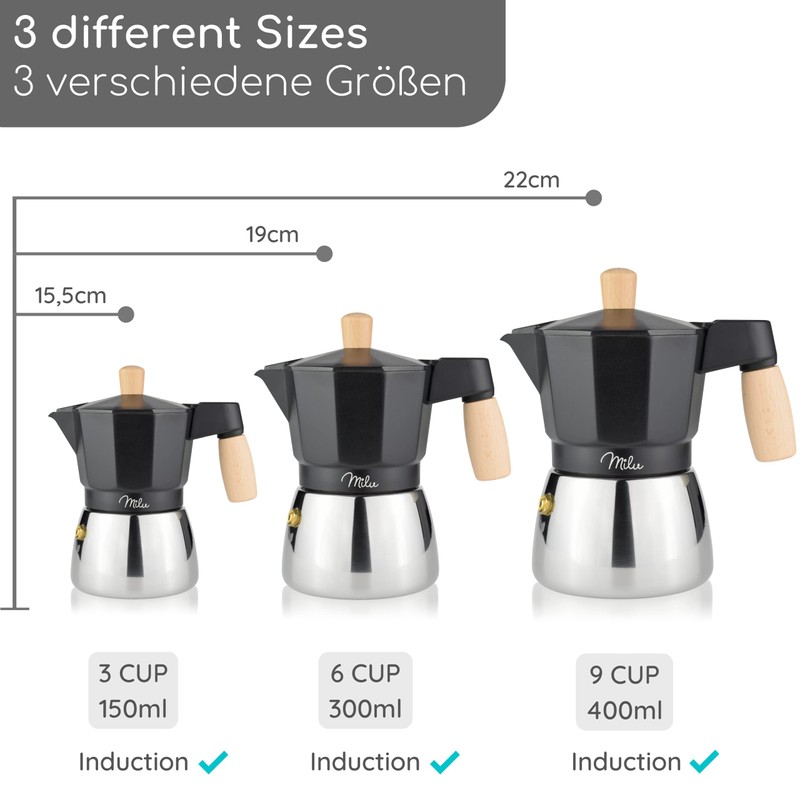 Milu Espresso Maker Suitable for Induction Cookers, 3, 6, 9