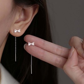 Silver Bow Chain Earrings Bow Tassel Earrings for Women Sliver Chain Earring Jewelry Gift, one size, Metal, No Gemstone