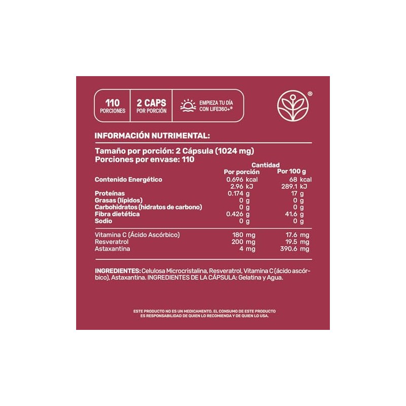 Life 360 Resveratrol 220 Cápsulas Antioxidante 1024 Miligramos Astaxantina Vitamina