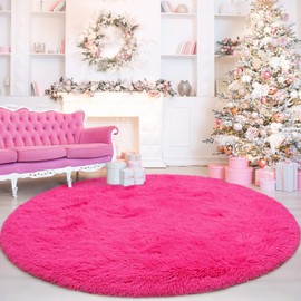 Gifeas Hot Pink Round Rug for Girls Bedroom, Fluffy Circle Rug 5'X5' for Kids Room Decor, Shaggy Circular Rug for Baby Nursery Dorm, Upgrade Fuzzy Plush Rug for Living Room, Cute Room Decor for Teen
