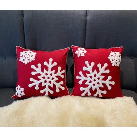 Awebest Snowflake Throw Pillow Covers 18x18 Christmas Red Decor Pillowcases Outdoor Embroidered Cushion for Farmhouse Sofa Office Bed Living Room 2 Pcs