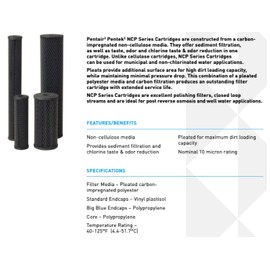 Pentair Pentek NCP-20 Carbon Water Filter, 20-Inch, Whole House Non-Cellulose Carbon Impregnated Pleated Filter Cartridge, 20" x 2.5", 10 Micron
