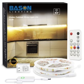 Bason 32.8ft LED Strip Light, 3000K Warm White Under Cabinet Lighting, Dimmable Led Rope Light with RF Remote, SMD 2835, 12V LED Closet Lights for Kitchen, Home, Bedroom, Bookshelf Desk, Waterproof.