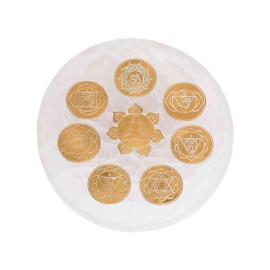 NKlaus Selenite Plate Round 10 cm with Golden Chakra Symbols & Meditating - Energy Plate for Gemstone Charging, Spiritual Decoration, Yoga & Reiki Accessories 16603