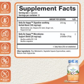 Ridgecrest Herbals Belly Be Happy, Daily Digestive Support and Gut Health with Ginger, Peppermint, and Slippery Elm with 4 Billion CFUs, Probiotic Supplement (60 Caps, 30 Serv)