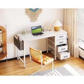 Casaottima 40-Inch Small Desk with 4 Fabric Drawers, Compact Study Desk for Students and Kids, Space-Saving Work Table for Bedroom or Small Spaces, White