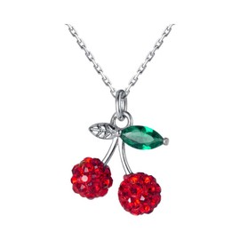 IMINI Cute Red Cherry Pendant Necklace for Women Girls 925 Sterling Silver Cubic Zirconia Paved Crystal Fruit Green Leaf Adjustable Chain Choker Necklaces Exquisite Jewelry for Her with Box (Silvery)