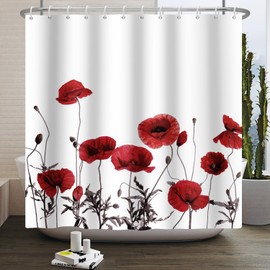Leowefowa Red Floral Shower Curtain Vintage Nature Red Flower Gray Leaves Elegance Shower Curtain for Bathroom Boho Plant Wildflower Watercolor Bathroom Decor Fabric Waterproof with Hooks 72x72 inch