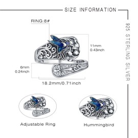 Hummingbird Spoon Ring S925 Sterling Silver Adjustable Thumb Ring for Women Vintage Jewellery Birthday Gift, Sterling Silver, No Gemstone