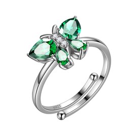 Green Butterfly Rings Women 925 Sterling Silver Animal Butterflies May Birthstone Emerald Band Adjustable Ring Crystal Wedding Birthday Jewelry DR0122G