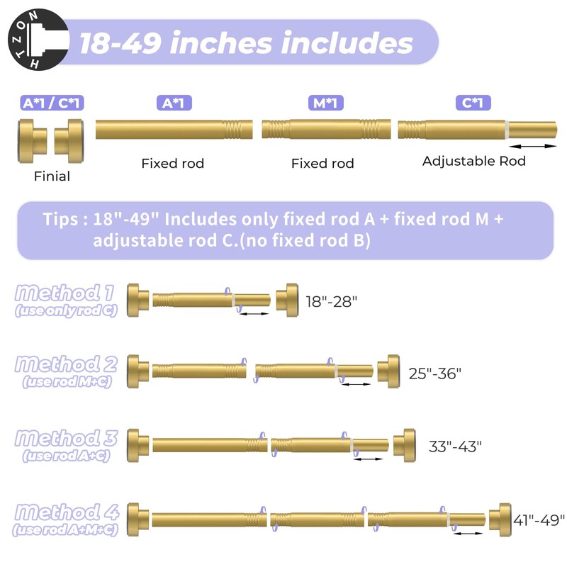 Spring Tension Shower Curtain Rod,18-49",Heavy Duty,No Drill,Gold