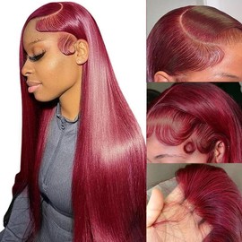 tobasew ​13x6 Straight Burgundy HD Lace Front Wigs Human Hair Red Lace Frontal Wigs Human Hair Pre Plucked Straight Glueless Wigs Human Hair Pre Plucked 200 Density 26 Inch