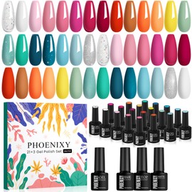 PHOENIXY- Juego de 24 esmaltes de uñas en gel, 21 colores, kit de uñas en gel para remojar, color nude, rosa, rojo, azul, verde, amarillo y naranja   