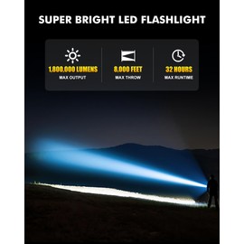 Super Bright LED Flashlight 1800000 High Lumens, Rechargeable Handheld Flashlights Powered by Battery, Powerful Waterproof Tactical Flashlights with Zoomable 5 Modes for Emergencies Camping (Coffee)