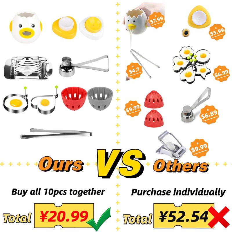 10-in-1 Egg Tool Set:1 Chalaza Remover Tongs,2 Piercers,2 Fry Rings,2