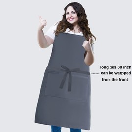 XIEJINJIA Plus Size 2 Pack Adjustable Water Resistant Long Ties Bib Apron with 2 Pockets Thick Canvas Cooking Kitchen Extra Wide Chef Aprons for Women Men Grey
