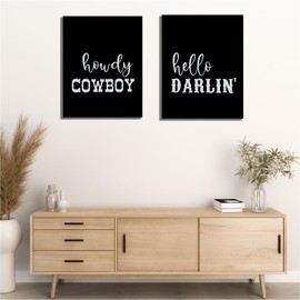 KEUSPI Howdy Cowboy Hello Darlin Western Wall Art Set of 2 - Western Wall Decor for Bedroom, Western Room Decor, Cowboy Cowgirl Wall Decor, Western Canvas Wall Art, 11x14