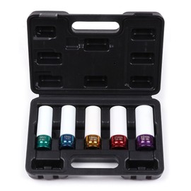 ACZCR 5pcs 1/2 inch Thin Wall Deep Impact Socket Set Drive Wheel Protector Impact Socket Durable Plastic Sleeve Lug Nut Socket, 6 Point Color-Coded 15mm 17mm 19mm 21mm 22 mm