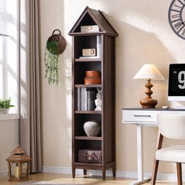 IFGET 75.9" Tall Angled Arch Bookshelf, 5 Tiers Geometric Farmhouse Narrow Bookcase, Modern Triangular Top with Adjustable Shelves, Wood Cabinet w/Open Display Shelves for Living Room, Office Brown